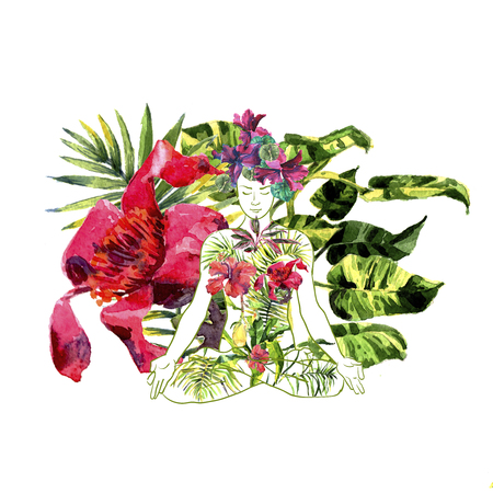 beautiful woman doing yoga meditation watercolor, texture, tropical plantsの写真素材
