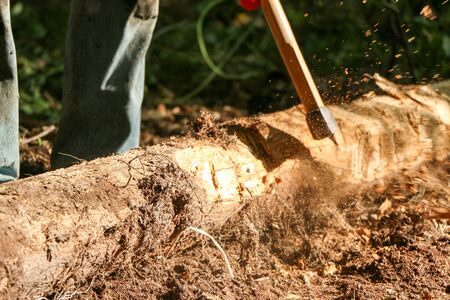 Man holding an industrial ax. Ax in hand.の写真素材