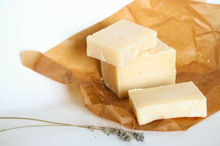 Bars of natural organic soap on white background. Handmade soap making. Spa products and skin care concept.の写真素材