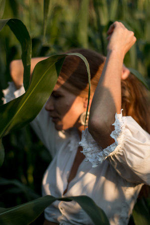 Young beautiful woman with long red hair between green leaves on a corn field in summer, in the light of the setting sun.の写真素材