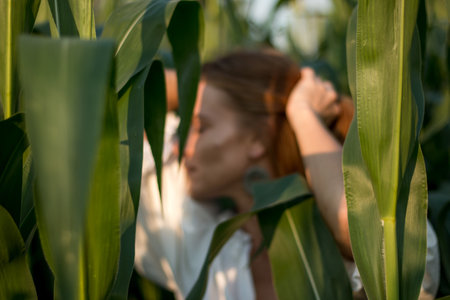 Young beautiful woman with long red hair between green leaves on a corn field in summer, in the light of the setting sun.の写真素材