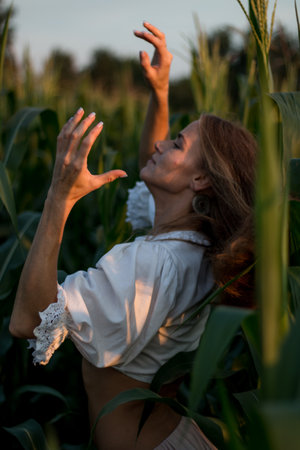 Young beautiful woman with long red hair between green leaves on a corn field in summer, in the light of the setting sun.の写真素材