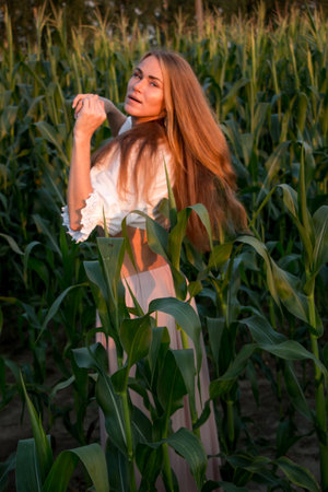 Young beautiful woman with long red hair between green leaves on a corn field in summer, in the light of the setting sun.の写真素材