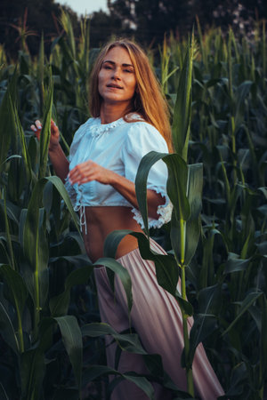 Young beautiful woman with long red hair between green leaves on a corn field in summer, in the light of the setting sun.の写真素材