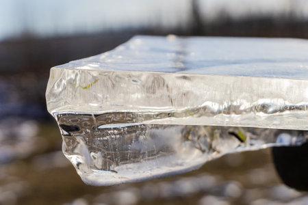 Abstract view, ice illuminated by the setting sun, patterns of frozen air bubbles, blades of grass and leaves. Beautiful pie background, natural texture.の写真素材