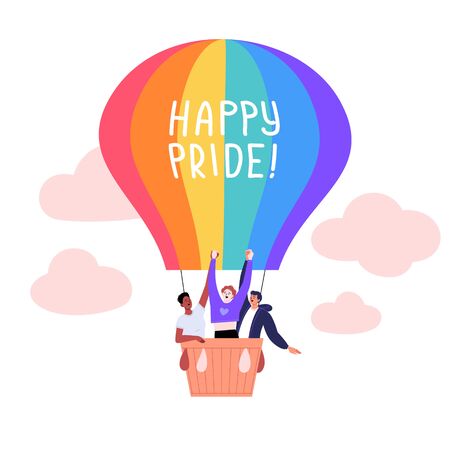 Three people flying in the rainbow balloon holding hands. Pride month conceptのイラスト素材