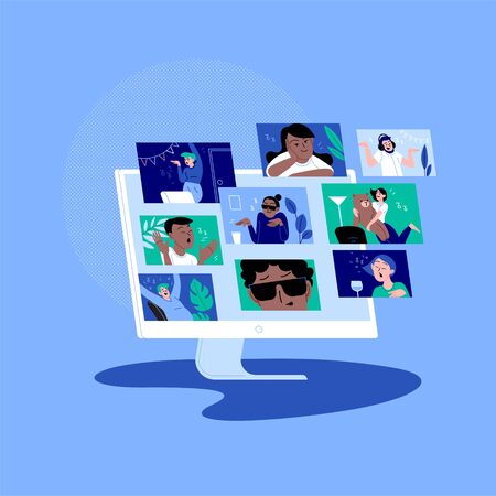 Diverse people dancing and chatting on the online conference house party. Friends meeting up online. Party from home via videocall. Monitor screenのイラスト素材