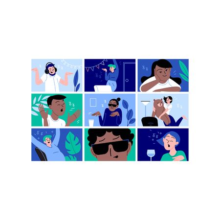 Diverse people dancing and chatting on the online conference house party. Friends meeting up online. Party from home via videocall.のイラスト素材