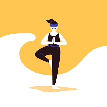 Flat and line illustration of a person practicing yoga with an abstract geometric backgroundのイラスト素材