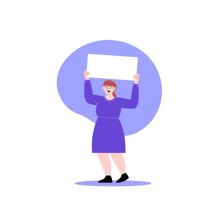 A woman holding protest poster. Female activist protesting with a blank cardboard. Women rights conceptのイラスト素材