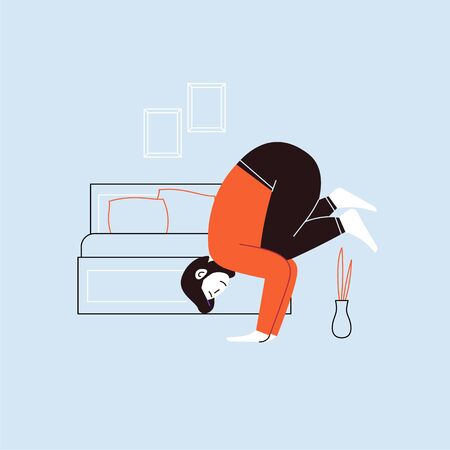 Flat and line character illustration of a person practicing yoga with a home interior on the backgroundのイラスト素材