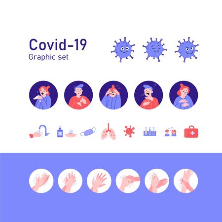 Graphic set of illustrations, icons and elements about Covid-19. Symptoms, prevention, medical professionals.のイラスト素材