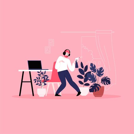 A man wearing earphones dancing while watering houseplantsのイラスト素材