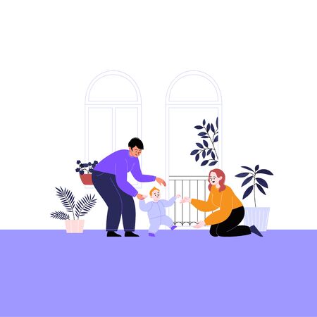 Flat illustration of a queer family with kid and pets. Two mothers teaching their child to walk at home. Pride month conceptのイラスト素材