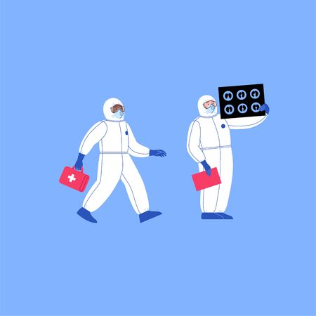 Professional doctor wearing covid-19 protection suit looking at lungs ct scan and doctor running hlding the first aid kit. Virus outbreak conceptのイラスト素材