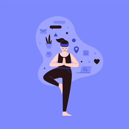 Flat and line illustration of a person practicing yoga with lifestyle icons on the backroundのイラスト素材