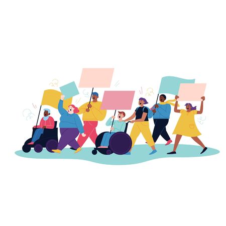 Flat illustration of a protest march. Different people walking together holding banners and postersのイラスト素材