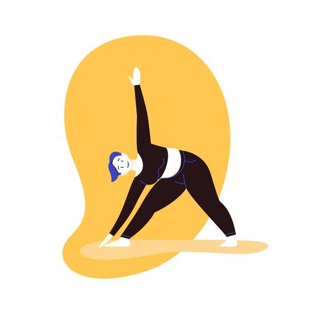 Flat and line illustration of a person practicing yoga with an abstract geometric backgroundのイラスト素材