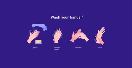 Illustrated step by step instruction how to wash your hands properlyのイラスト素材