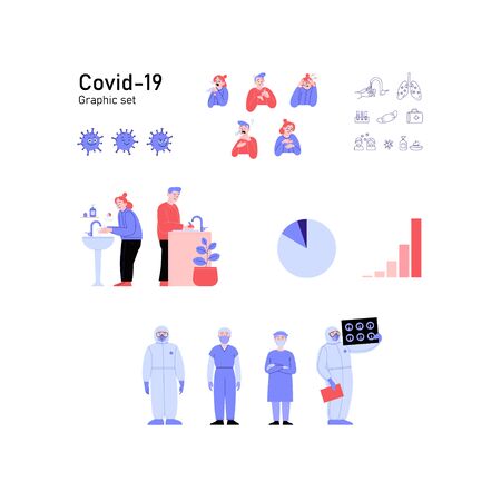 Graphic set of illustrations, icons and elements about Covid-19. Symptoms, prevention, medical professionals.のイラスト素材