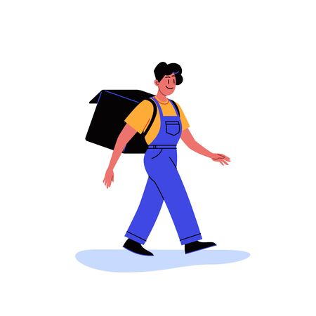 Flat illustration of a food delivery person walking with thermobagsのイラスト素材