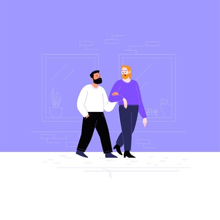 Flat illustration of two queer guys. A gay couple walking down the street with their children. Pride month conceptのイラスト素材