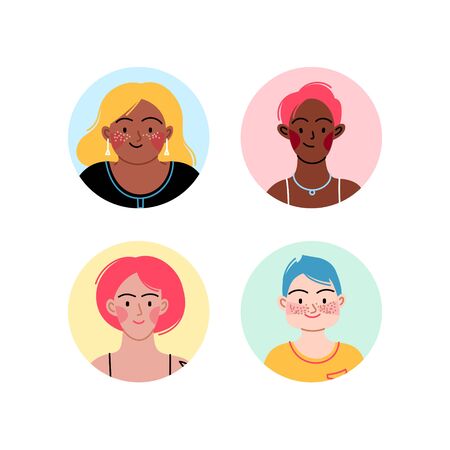 Female diverse faces of different ethnicity, different skin and different bodiesのイラスト素材