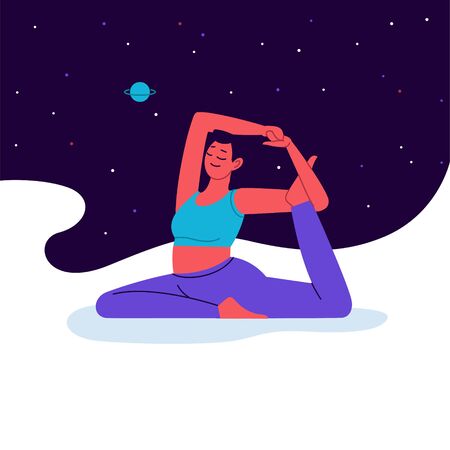 Flat and line illustration of a person practicing yoga with starry sky on the backgroundのイラスト素材
