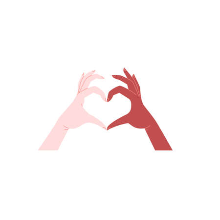 Flat illustration of black and white hand doing a heart gesture. Solidarity handshake. Unity conceptのイラスト素材