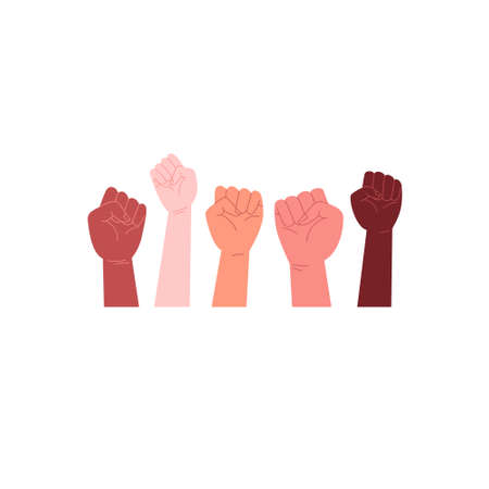 Flat illustration of hands of different colors holding up together. Solidarity protest. Unity conceptのイラスト素材