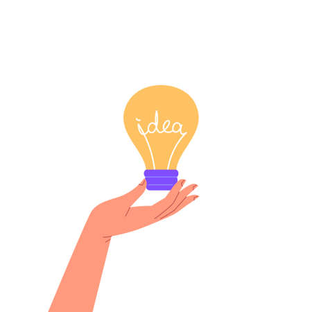 Flat illustration of a hand holding an idea light bulbのイラスト素材