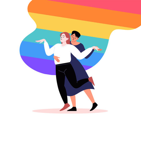Lesbian couple dancing. Rainbow background. Pride month conceptのイラスト素材