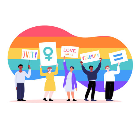 Different people marching on the pride parade holding placards and banners with a rainbow...