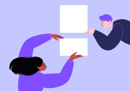 Characters holding blank paper