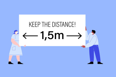 People holding a banner saying keep the distance
