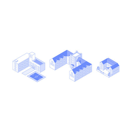 Isometric monochrome line art educational institution buildings collection