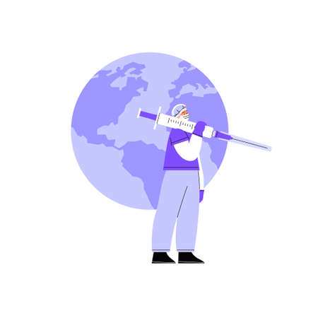 A nurse standing in heroic pose holding a giant syringe like a weapon. The globe on the background.のイラスト素材