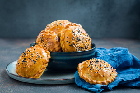 Samosa - baked pastry with a savoury filling: meat, onion and napa cabbage. Homemade, roundshape,...