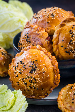 Samosa baked pastry with a savoury filling: meat, onion and napa cabbage.