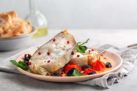 Baked cod fish steak, italian style, with tomatoes and black olives. Decorated with pink peppercorn....