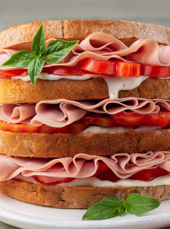 Close-up of deli sandwich with mortadella, soft cheese and tomatoes. Vertical image.の写真素材