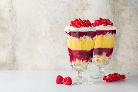 Individual size Trifles, layered dessert in glass with berry jelly, custard,  sponge and whipped cream, decorated with fresh red currant and raspberry. Copy space.の写真素材