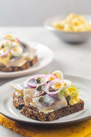 Scandinavian samdwich - Smorrebrod - rye bread with butter, herring fish, curried apples mixed with mayonnaise, boiled eggs,  capers and red onion.の写真素材
