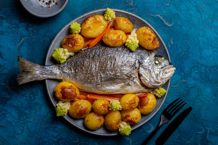 Baked whole dorado fish with baked vegetables, potatoes, carrots and romanesco cauliflower....