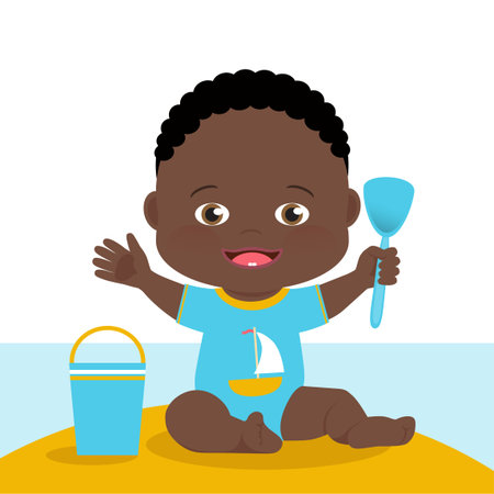 Little dark skin baby boy with curly hair sitting on the sand and playing with beach toys.のイラスト素材