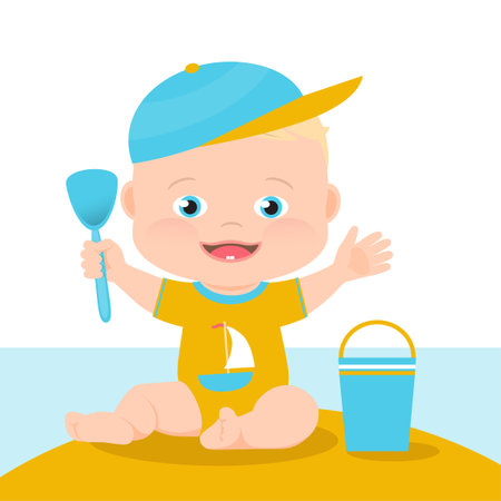 Little baby boy sitting on the sand and playing with beach toys.のイラスト素材