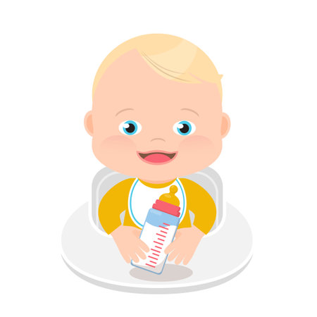 Cute little blue eyes baby boy with a baby milk bottle, cartoon illustration. White background.のイラスト素材