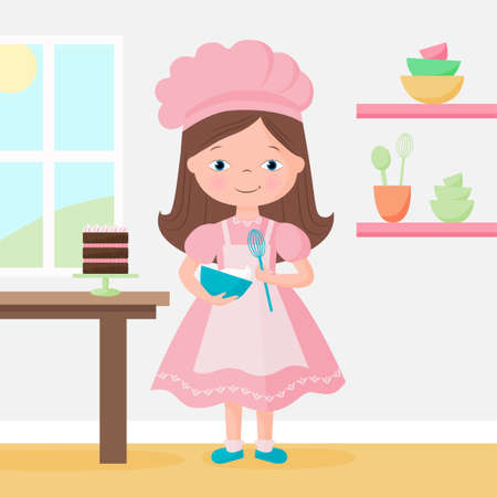 Cute Bakery chef girl making a cake, cartoon illustration.のイラスト素材