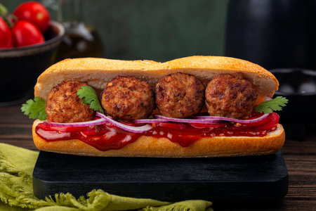 Closeup of Meatball sandwich with tomato, onion, barbecue sauce. Dark background.の写真素材