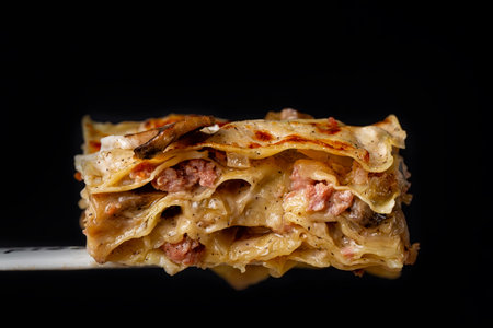 A piece of homemade white lasagna with meat sausages and onion, porcini and champignon mushrooms....